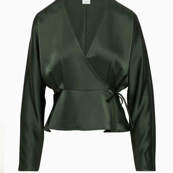 Aritzia Cleo green satin tie blouse. Size Large. - Picture 3 of 9